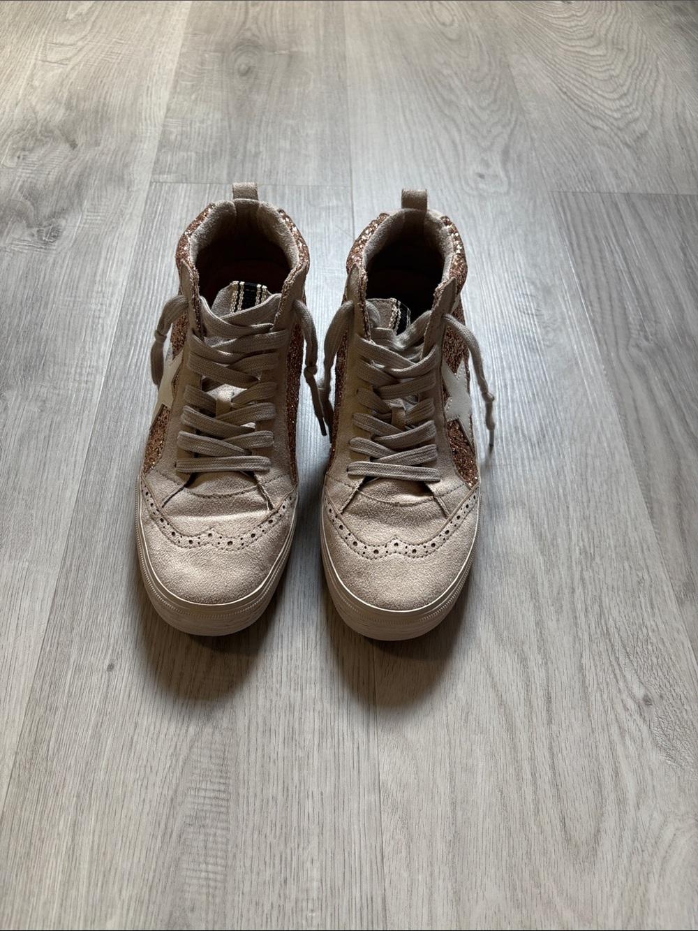 Shu Shop High Top Sneakers with Rose Gold Glitter Star